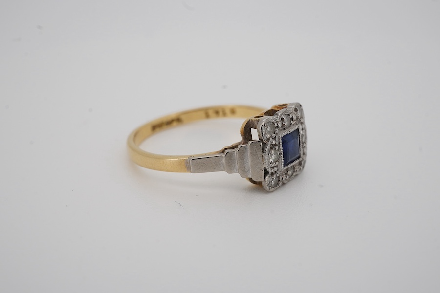 A 1920's 18ct and plat. sapphire and diamond set square cluster ring, size M, gross weight 2.5 grams. Condition - fair